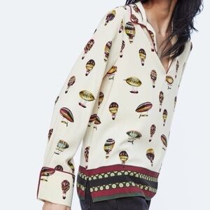 Zara Cream Multicolor Balloon Blimp Print Oversized V-Neck Blouse 3610